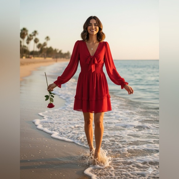 DOKOTOO MINI Red V Neck Front Long Tie Lantern Sleeve Ruffle Dress Size M - Picture 2 of 16